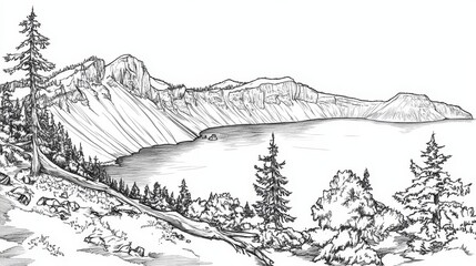Fototapeta premium Crater Lake Line Art Coloring Page - A serene line art coloring page depicting Crater Lake, Oregon. Illustrates nature, tranquility, scenic beauty, relaxation, and artistic expression