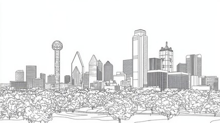 Dallas Skyline Coloring Page - A detailed line art coloring page featuring the Dallas, Texas skyline. Five key concepts symbolized are urban growth, architectural design, cityscapes, Texas pride