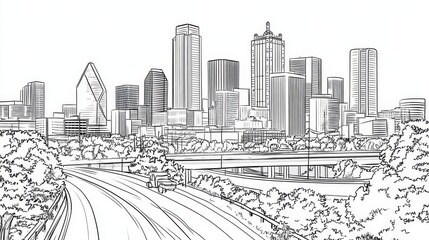 Obraz premium Dallas Skyline Coloring Page - A detailed line art coloring page featuring the Dallas, Texas skyline. Five key concepts are represented: urban architecture, cityscapes, transportation, nature