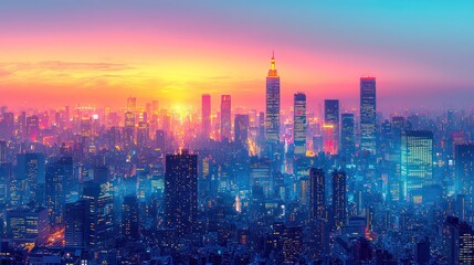 Obraz premium A vivid cityscape showcases urban architecture at a vibrant sunset