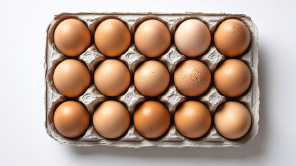 A top-down view of a carton filled with smooth brown eggs neatly arranged in an eco-friendly packaging tray

