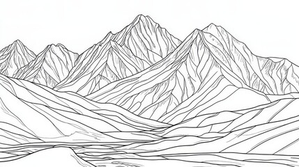 Denali National Park Alaska Line Art Coloring Page - A detailed line art coloring page depicting the majestic mountain range of Denali National Park. Symbolizing adventure, nature, serenity