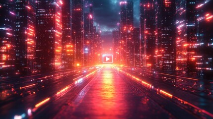 Neon city road glowing vibrant digital play button