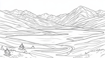 Denali National Park Alaska Line Art Coloring Page - A scenic line art coloring page depicting Denali National Park's majestic mountains, a winding river, and tranquil valleys. Symbolizing nature