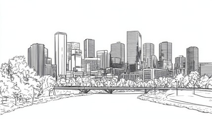 Fototapeta premium Denver Skyline Coloring Page: Line Art - A detailed line art coloring page featuring the Denver, Colorado skyline. Depicts city buildings, trees, river, and bridge. Symbolizes urban landscape, nature