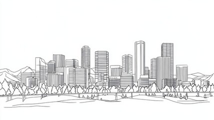 Denver Skyline Line Art Coloring Page - A detailed line art coloring page featuring the Denver, Colorado skyline. Symbolizing urban life, architecture, cityscape, nature, and tranquility
