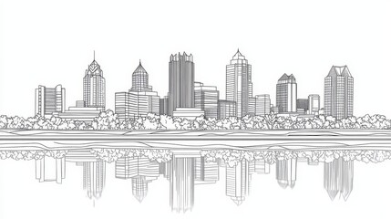 Des Moines Iowa Skyline Coloring Page - Line art coloring page of the Des Moines, Iowa skyline. Illustrates urban architecture, reflection, cityscape, nature