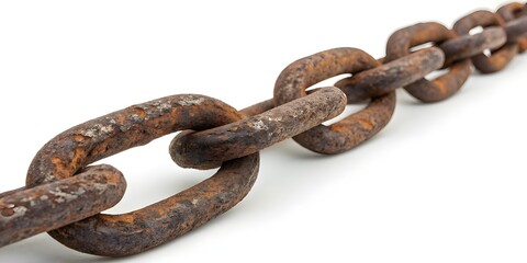 Obraz premium Rusty metal chain with weathered iron links on a white background