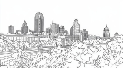 Des Moines Skyline Coloring Page - A detailed line art coloring page depicting the Des Moines Iowa skyline, featuring iconic buildings, trees, and roads. Symbolizes urban landscape, architecture