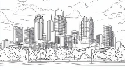 Detroit Michigan Cityscape Line Art Coloring Page - A detailed line art coloring page featuring the Detroit, Michigan skyline. It symbolizes urban life, architecture, city planning, nature