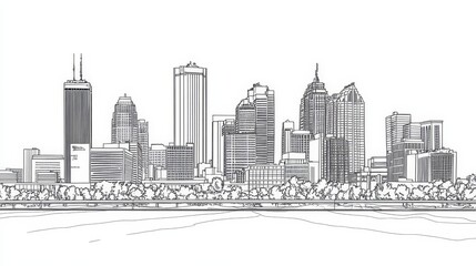 Obraz premium Detroit Skyline Line Art Coloring Page - A detailed line art coloring page depicting the Detroit skyline. Five concepts are symbolized: urban growth, architecture, cityscape, Michigan, and community