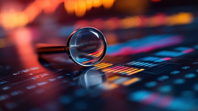 Magnifying glass on vibrant data analysis screen.