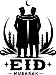 Eid Mubarak Greeting Featuring Embracing Men and Mosque