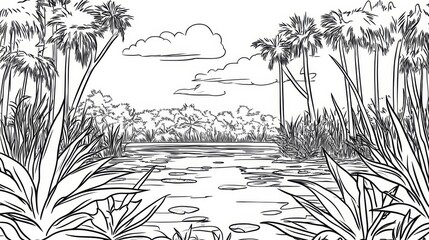 Everglades Line Art Coloring Page - A serene Everglades scene perfect for coloring. Features lush vegetation, calm water, and a tranquil atmosphere. Symbolizes nature, peace, Florida, wildlife