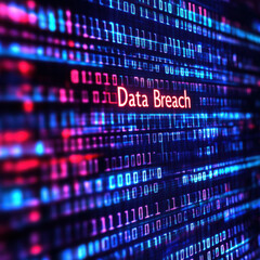 Fototapeta premium Digital screen displaying the term 'Data Breach' amidst glowing binary code in red and blue hues.