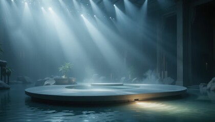 Serene Water Platform with Ethereal Lighting in Calm Environment