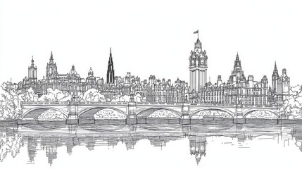 Fototapeta premium Glasgow Skyline Coloring Page - A detailed line art coloring page depicting the Glasgow skyline, featuring a bridge, river, and iconic buildings. Symbolizes cityscapes, architecture, history, travel
