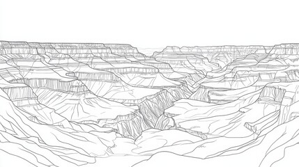 Fototapeta premium Grand Canyon Line Art Coloring Page - A detailed line art drawing of the Grand Canyon, perfect for coloring. Symbolizing nature, adventure, geology, vastness, and exploration