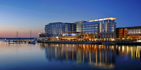 Naklejka premium Luxurious Waterfront Hotel Illuminated at Dusk with Reflections on Calm Waters 