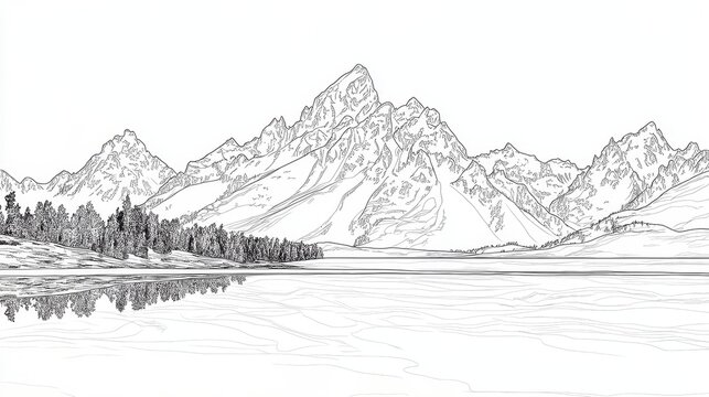 Grand Teton National Park Wyoming Line Art Coloring Page - A serene line art coloring page depicting the majestic Grand Teton mountain range reflected in a tranquil lake. Concepts: nature, serenity