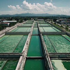 Aerial Water treatment plant with rectangular pools against a hilly, cloudy sky