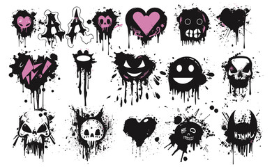 Urban street black grunge, spray graffiti set, brush drip splatter, heart silhouette, ink stroke, hand writing splash, circles, dark clipart, art stencil, graffiti wall, artistic style © aura studio