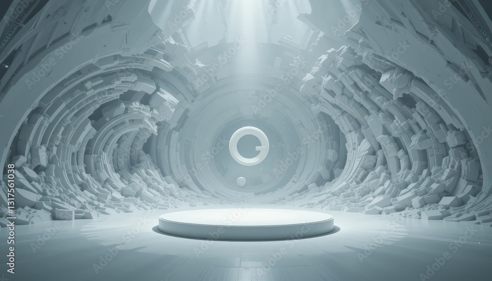 Poster futuristic virtual environment with circular structure and light beam