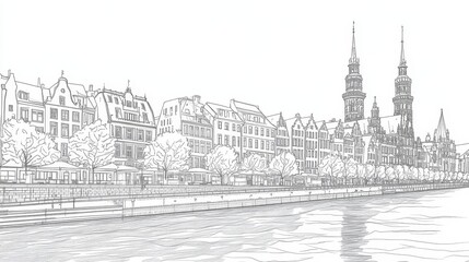 Fototapeta premium Hamburg Waterfront Line Art Coloring Page - A detailed line art coloring page depicting the Hamburg waterfront, featuring buildings, trees, and a river. Symbolizing cityscape, architecture, travel