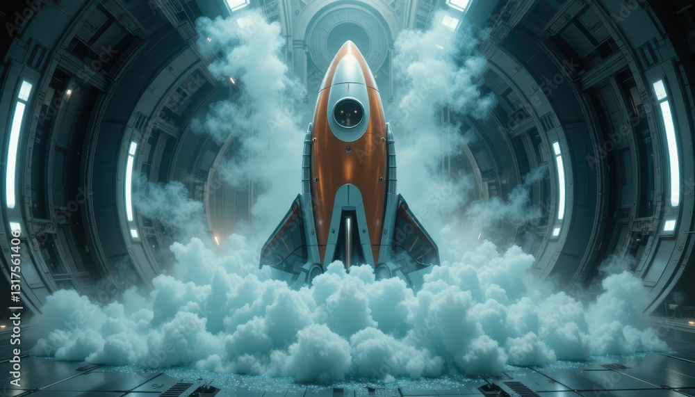 Poster retro rocket launching with billowing clouds in futuristic space hub