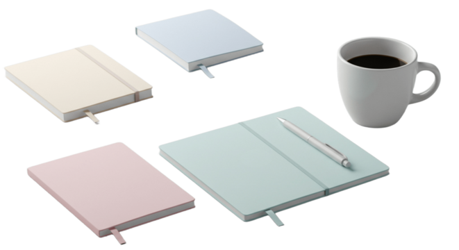 Soft pastel scene with coffee and notebooks