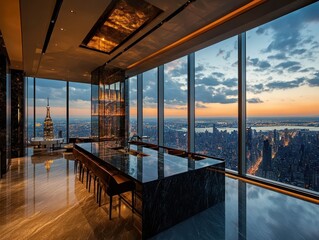 Fototapeta premium Luxurious kitchen overlooking a vibrant city skyline at sunset