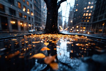 Rain-soaked city street reflects autumn leaves under the glow of urban lights at dusk
