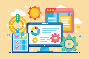 Naklejka premium This interface showcases various tools for digital project management with colorful graphics and analytics, Settings Customizable Flat Illustration