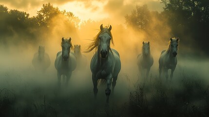 Fototapeta premium Majestic white horses galloping through a hazy and illuminated landscape scene
