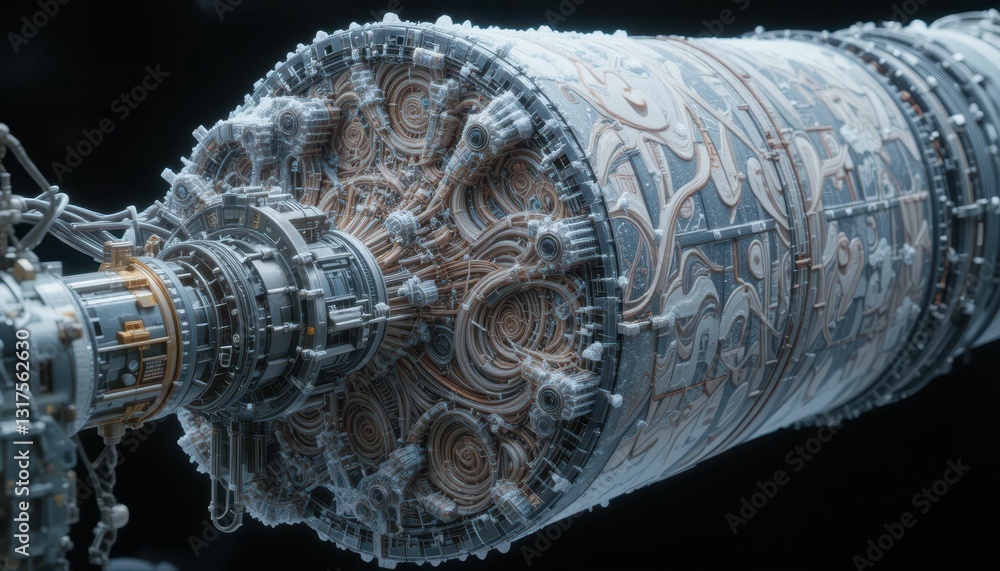Poster detailed space engine design with intricate patterns and technology
