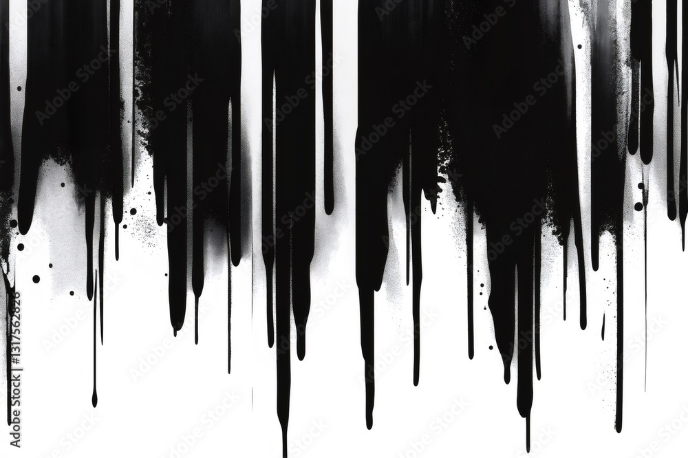 Poster dripping black paint forming vertical lines on a clean white background, creating a textured and art