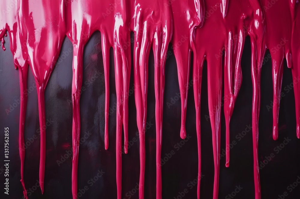 Poster pink paint is dripping down a black wall, creating an abstract pattern of bold vertical streams