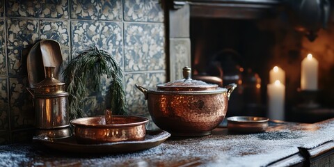 Rustic Copper Kitchenware Displayed Neatly Beside A Hearth