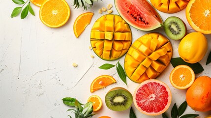 A composition of tropical fruits such as watermelon, mango and oranges on a white background