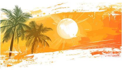 Hot sunny days, summertime background with palm trees, white brush strokes, vector illustration, summer sun, tropical beach, season design, vacation vibes, sunny landscape