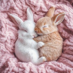 This heartwarming image features two cute bunnies cuddled together in a fluffy pink blanket, radiating warmth, comfort, and a sense of tranquility that evokes a feeling of love.