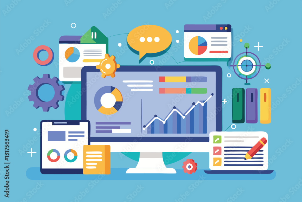 Poster a customizable analytics dashboard showcases various metrics, graphs, and interactive elements in a 
