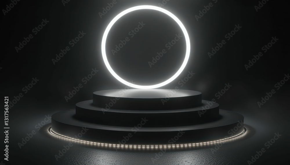 Poster minimalist display platform with glowing circular light feature