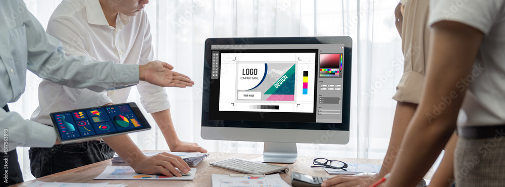 Leinwandbilder Graphic designer software for modern design of web page and commercial brisk ads showing on the computer screen