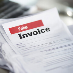 Stack of papers with a prominently labeled fake invoice on top, highlighting fraudulent activities in business transactions.