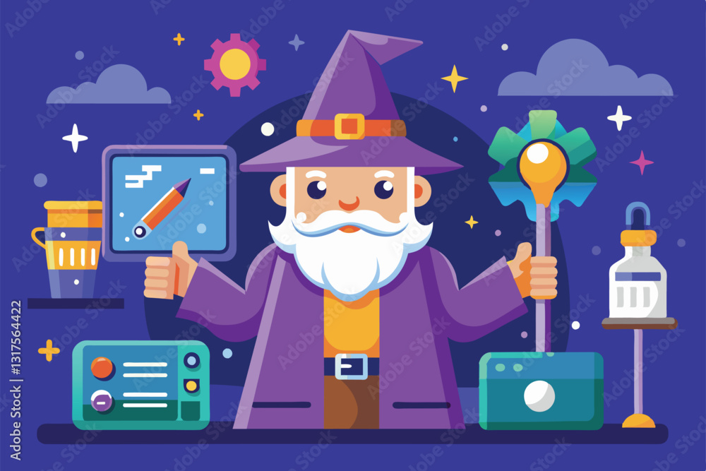 Poster a cheerful wizard displays various customizable tools for engaging with a user-friendly setup proces