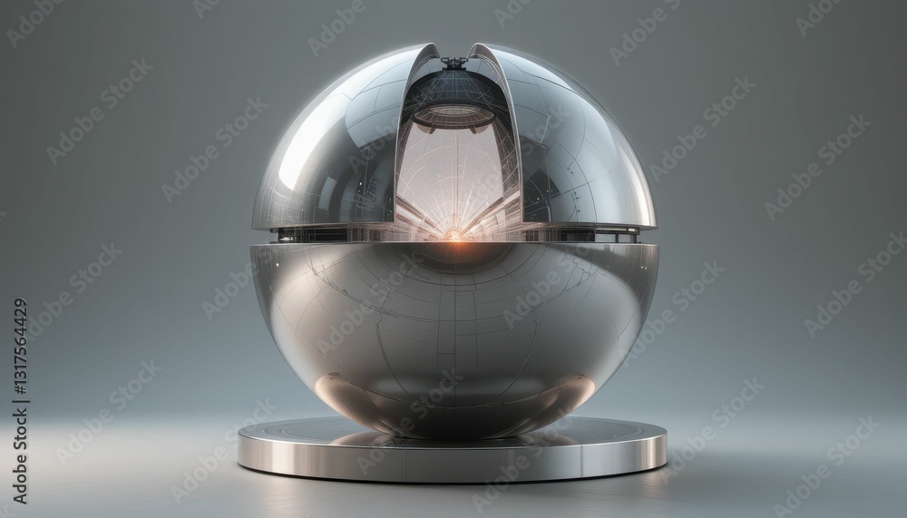 Poster futuristic metallic sphere with reflective surface and light source