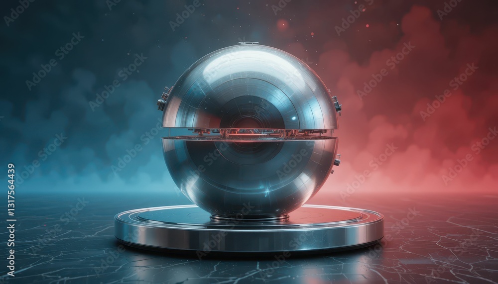 Poster futuristic metallic sphere with glowing elements and dynamic background