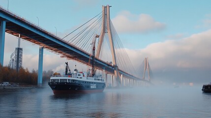 Obraz premium Misty River Cable Stayed Bridge Landscape