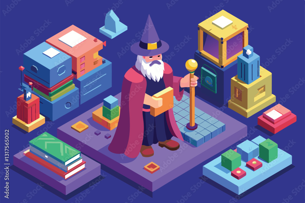 Poster a customizable wizard stands surrounded by colorful boxes and 3d elements, ready for setup in a play